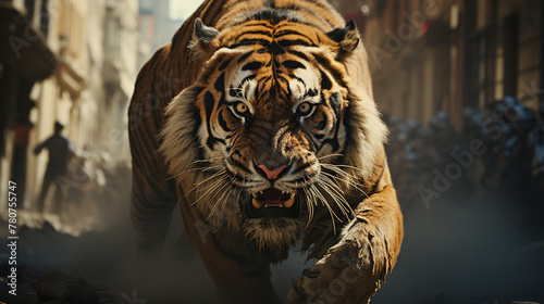 A Tiger Chasing People On The Bustling Gran Via Street