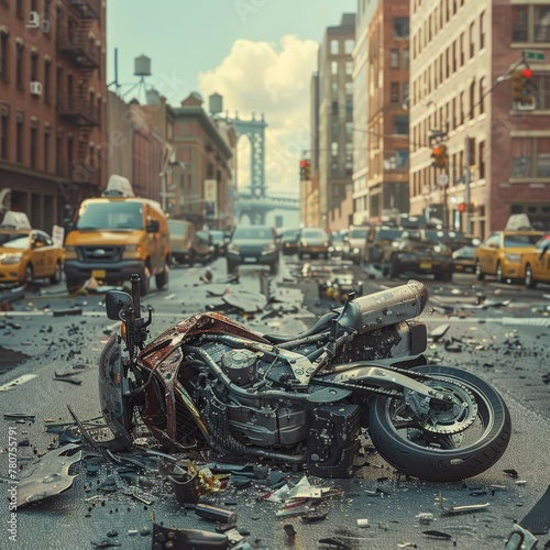 a motorcycle accident scene unfolds on the street, with scattered debris and nearby vehicles bearing witness to the aftermath 