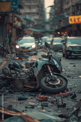 a motorcycle accident scene unfolds on the street, with scattered debris and nearby vehicles bearing witness to the aftermath © cristian