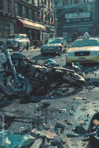 a motorcycle accident scene unfolds on the street, with scattered debris and nearby vehicles bearing witness to the aftermath 