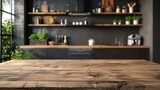 beautiful kitchen on a wooden board to place objects in high resolution and high quality