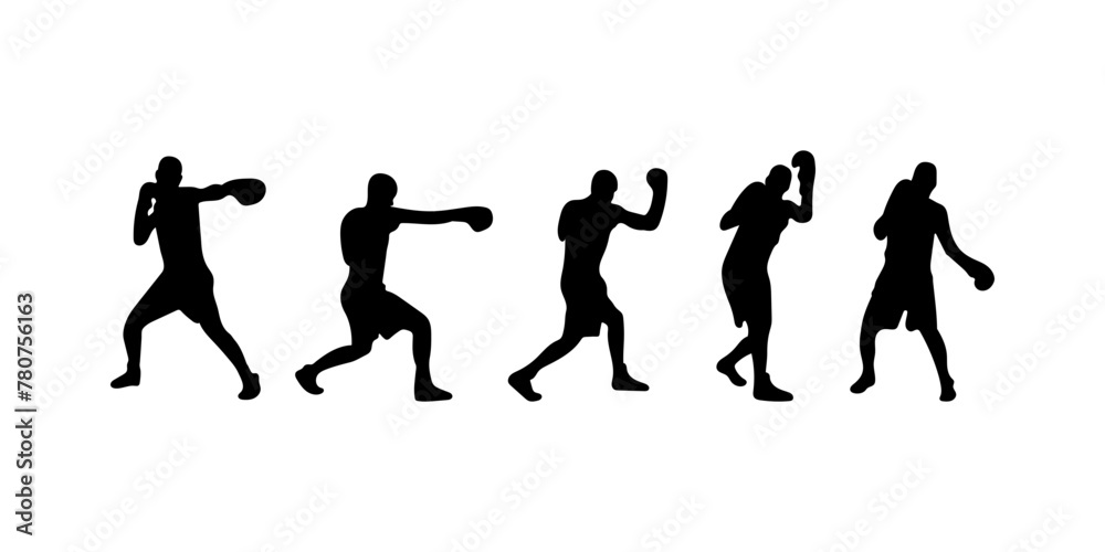 Obraz premium Boxing player silhouette. Muay Thai, wrestling, jiujitsu, kick, boxing punch, taekwondo, and boxing. Silhouette of a male boxing player isolated on a white background.