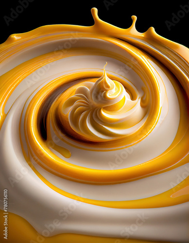 Captivating swirl of yellow vanilla pudding against a dark background