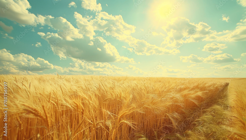 A field of golden wheat with a bright sun shining down on it by AI generated image