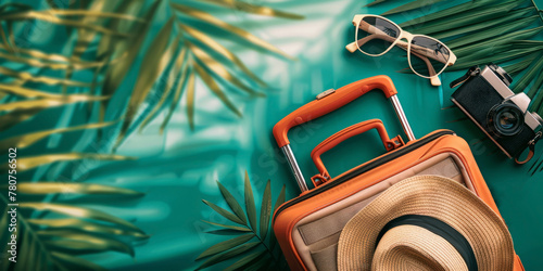 A set of essentials for a summer trip: a hat, sunglasses, a camera and a suitcase surrounded by palm leaves on a turquoise background. Summer vacation concept.
