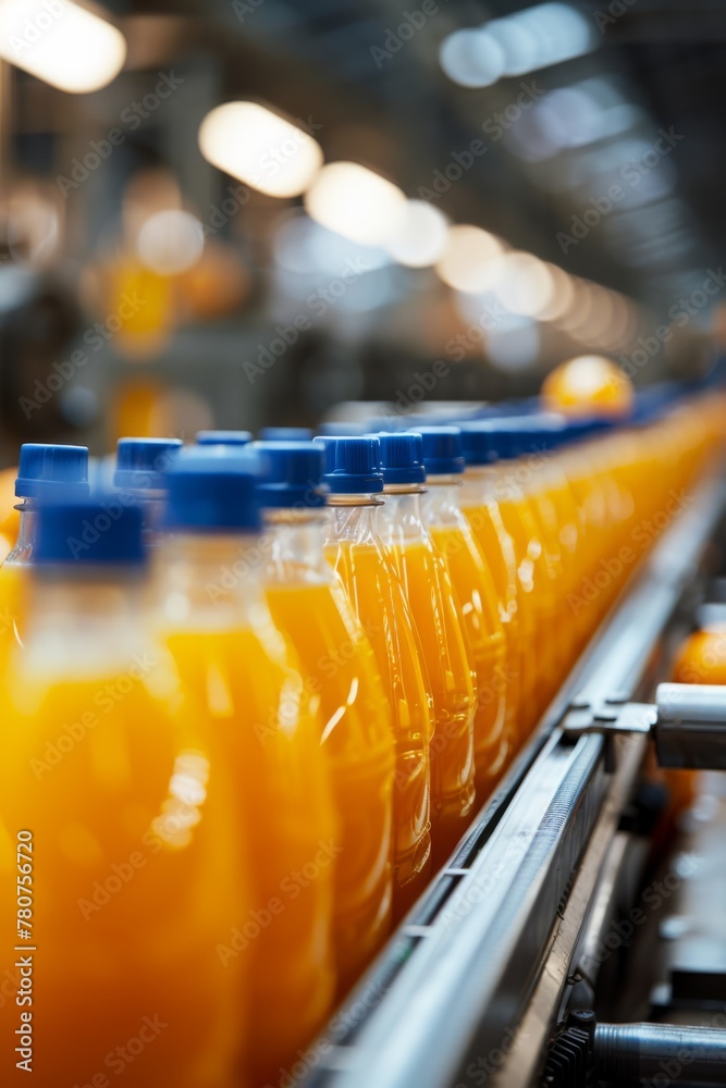 a orange juice bottle on the conveyor belt of a modern product production line in a factory
