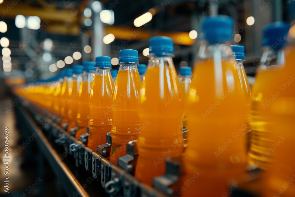 a orange juice bottle on the conveyor belt of a modern product production line in a factory
