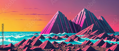 Otherworldly retrowave rocky beach at sunset with a brutalist alien pyramid construct in the ocean.