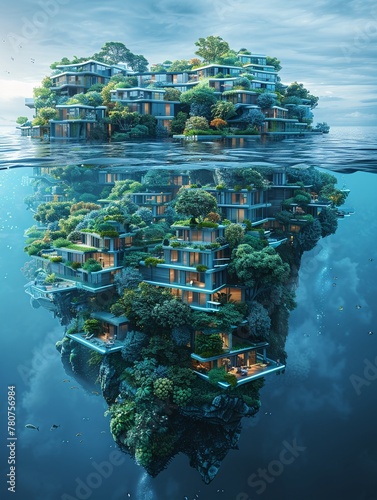 Design a striking aerial view illustration showcasing futuristic floating cities and innovative human settlements adapting to higher sea levels post ice photo