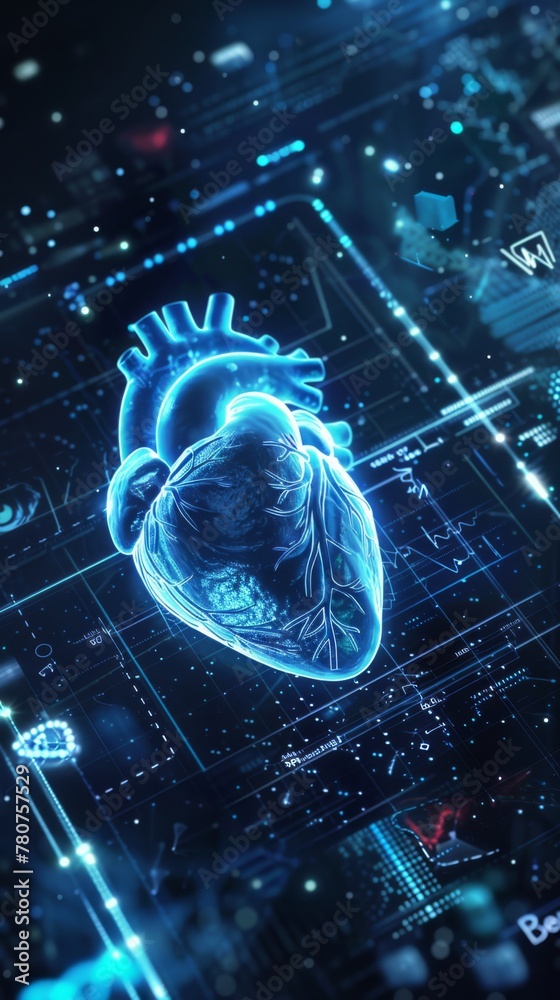 The screen showcases a digital human heart glowing in shades of blue
The screen showcases a digital human heart glowing in shades of blue