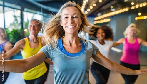 Middle-aged women enjoying a joyful dance class, candidly expressing their active lifestyle through Zumba with friends 