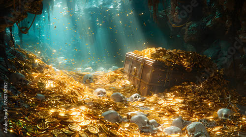A mound of gold coins on the ocean floor, surrounded by rocks and with light shining down on them.