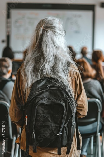 view from behind, a elderly woman with long hair carrying her black backpack in front of some people sitting on chairs watching the whiteboard at school 