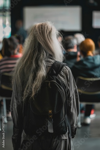 view from behind, a elderly woman with long hair carrying her black backpack in front of some people sitting on chairs watching the whiteboard at school 