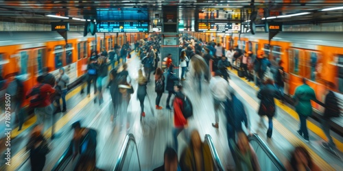 Motion blur of busy subway station with people commuting and train in movement photo