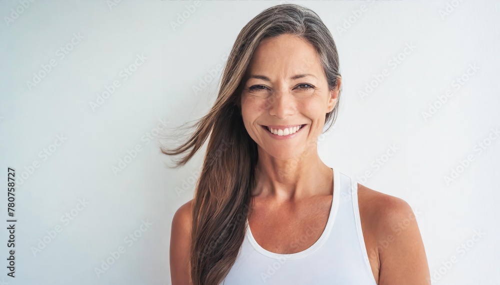 mature woman in TANK TOP , long hair smiling to the camera isolated on white background with copy space mature woman in TANK TOP , long hair smiling to the camera isolated on white background with copy space