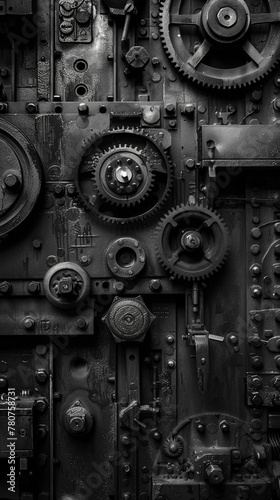 A black and white photograph of industrial machinery, transformed into abstract art through creative framing and composition, cinematic