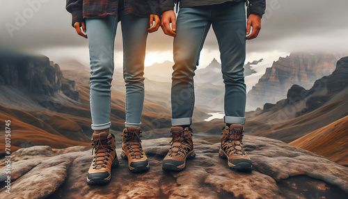 Two adventurers standing on a cliff edge with hiking boots, facing a dramatic mountain landscape at sunset, symbolizing exploration and friendship. photo