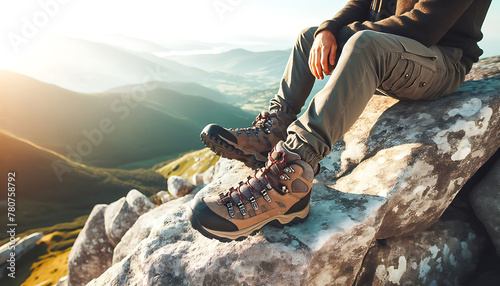 Close-up of hiker's boots on a rocky peak with a panoramic view of mountain ranges during golden hour, symbolizing adventure and exploration.