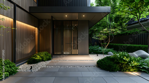 main door of the entrance. Japanese villa with a minimalistic exterior design. Front door lined with timber wood and walls with black panelling. Gorgeously landscaped backyard photo