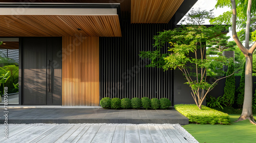 main door of the entrance. Japanese villa with a minimalistic exterior design. Front door lined with timber wood and walls with black panelling. Gorgeously landscaped backyard