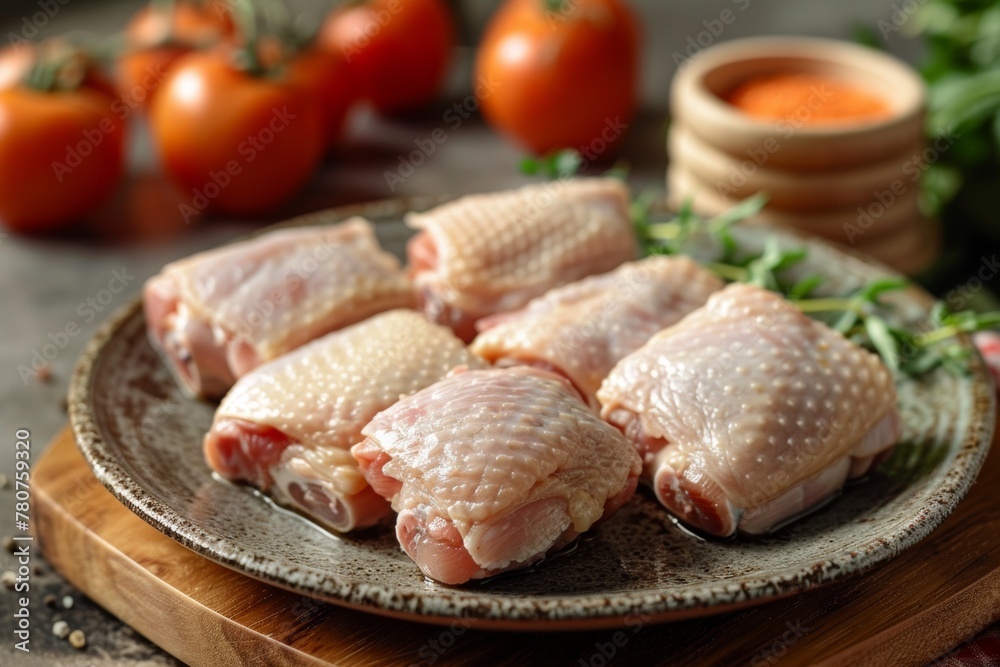 Uncooked chicken drumsticks on a rustic plate with fresh herbs and tomatoes Uncooked chicken drumsticks on a rustic plate with fresh herbs and tomatoes