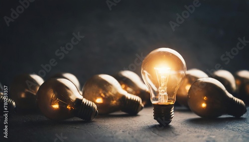  One of Lightbulb glowing among shutdown light bulb in dark area with copy space for creative thinking , problem solving solution and outstanding concept photo