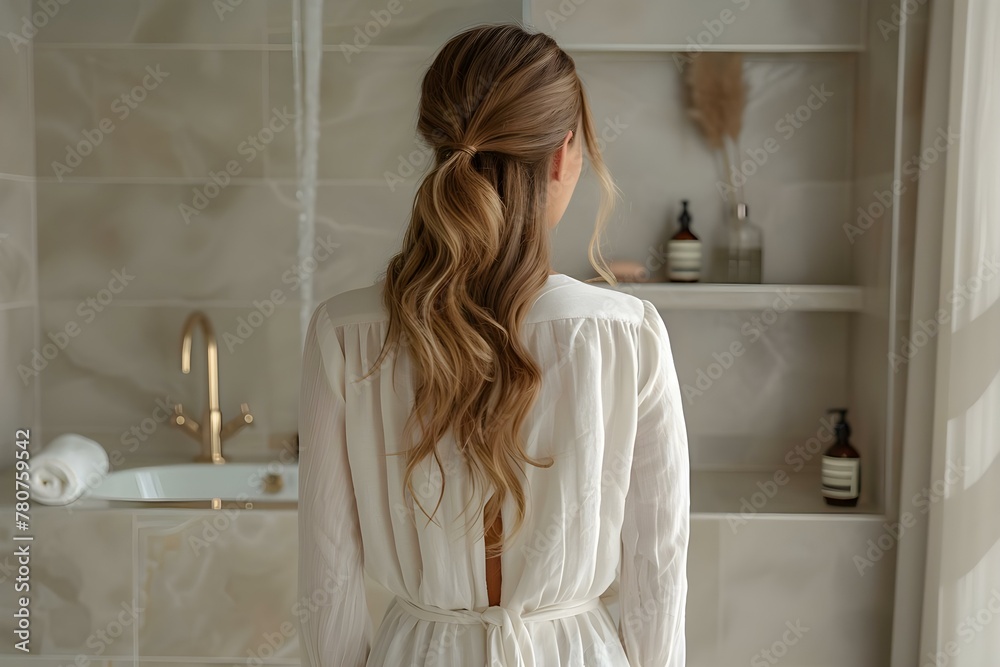 Woman in white blouse posing in contemporary bathroom with white sink. Concept Fashion Photography, Interior Design, Contemporary Style Woman in white blouse posing in contemporary bathroom with white sink. Concept Fashion Photography, Interior Design, Contemporary Style
