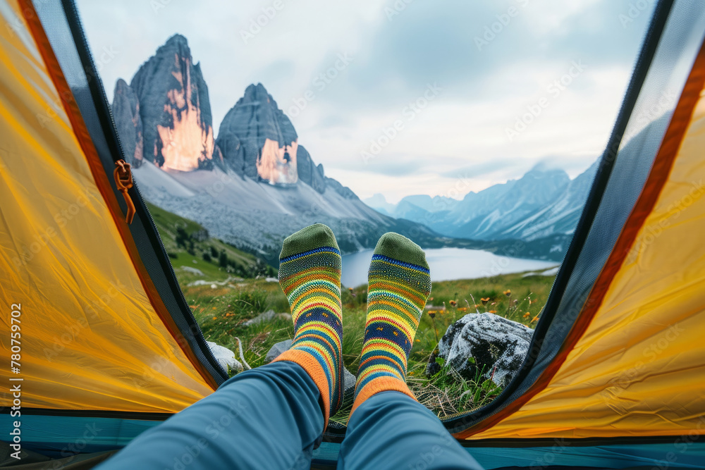 A person is sitting in a tent with their feet up and looking out at the mountains. is peaceful, with the person enjoying the beautiful view. feet with sock outside the tent with a mountain landscape