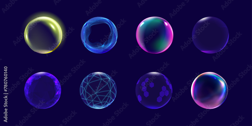 Set of spheres. Neon glowing isolated elements. Vector background