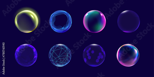 Set of spheres. Neon glowing isolated elements. Vector background