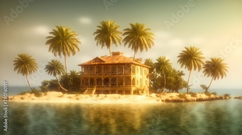 An island in the middle of the ocean and an old house on it in the shade of palm trees. Generative AI, Generative, AI © Evgenii