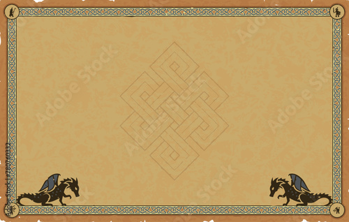 Large Parchment with Medieval Frame, Dragons, Viking Knot