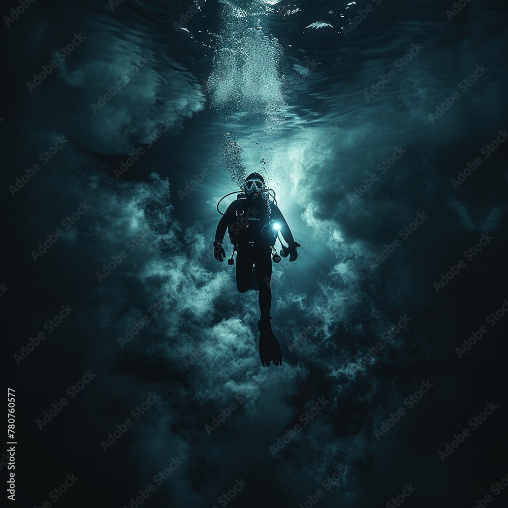 Immerse your audience in the thrilling adventures of deep sea diving with a visually stunning long shot of a diver descending into the abyss Immerse your audience in the thrilling adventures of deep sea diving with a visually stunning long shot of a diver descending into the abyss