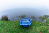 Blue Paddle Boat Dam Waters Mist Holiday Landscape