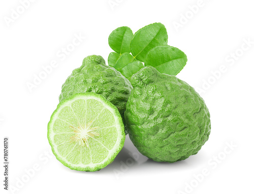 Bergamot fruit with cut in half isolated on white background. Clipping path.