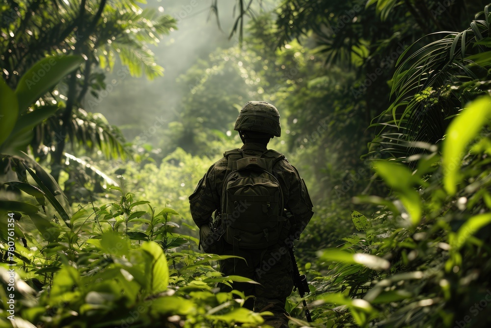 A soldier is  walking A soldier on patrol in a dense jungle, Ai generated