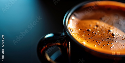Nostagia vintage of espresso elegance. Close up aromatic coffee cup with roasted beans. Morning light  Dark and blue rich Vintage background. photo