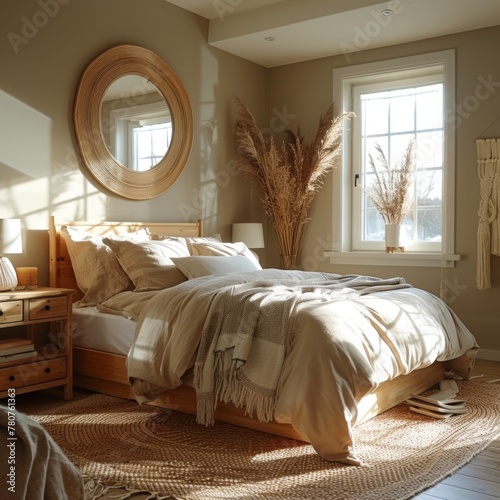 a bedroom is adorned with light wood furniture, beige walls, and a sizable round mirror positioned above the bed 