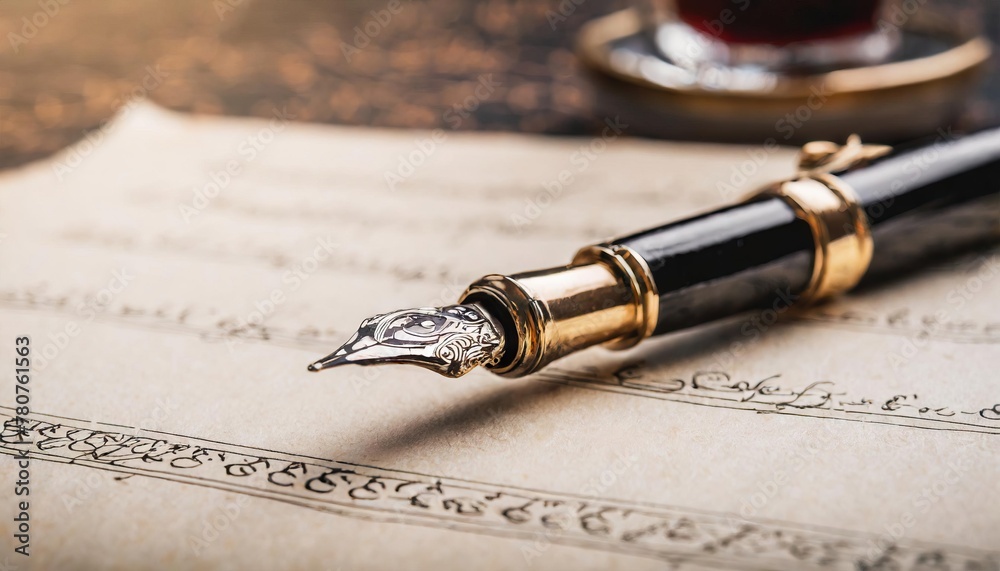 Fototapeta premium Fountain pen resting on handwritten document. Vintage style handwriting backgrounds with copy space