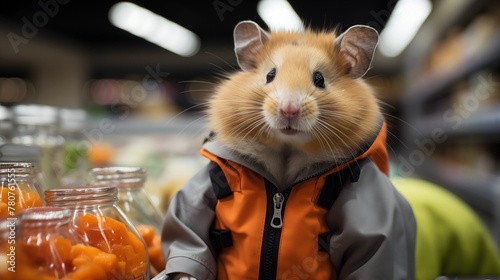 Adorable Hamster Wearing a Tiny Jacket Shopping for Pet Snacks