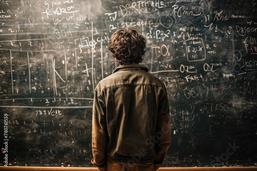A student standing in front of a chalkboard filled with unsolved equations, student solved math, Ai generated