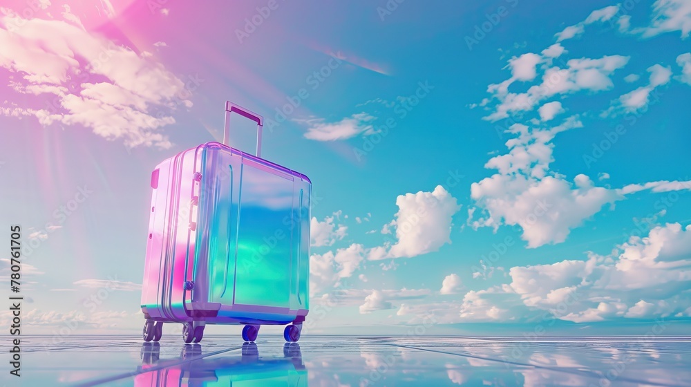 A holographic suitcase stands on a reflective surface under a bright sky - obrazy, fototapety, plakaty 