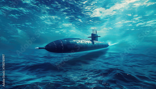 A submarine is in the water, and it is surrounded by blue water by AI generated image photo