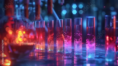 Vibrant lab experiment showcasing a spectrum of glowing test tubes in neon light