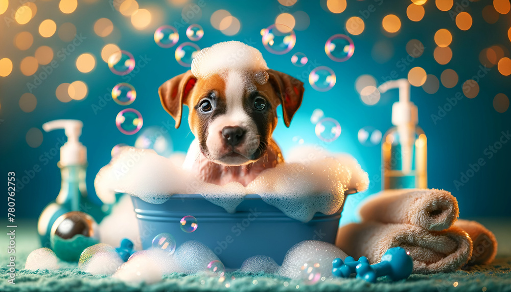 Adorable Pitbull Puppy Enjoying Bubble Bath in Classic Tub, Vibrant Blue Background - Pet Care, Happiness Theme, Wall Art, Poster,  Greeting Card