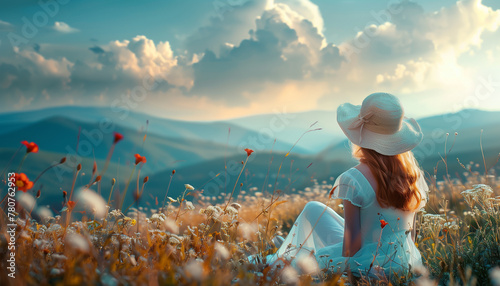 Woman in white dress sitting on a summer meadow.