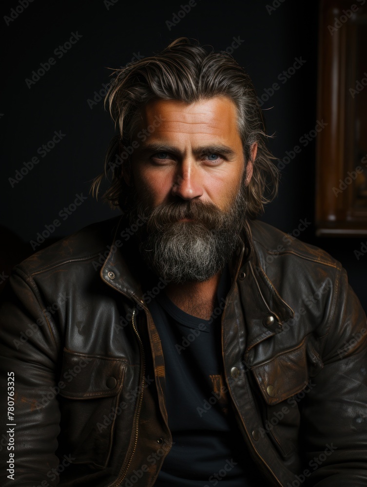 Obraz premium A man with a beard wearing a leather jacket