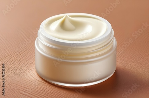 Face cream moisturiser in a container on beige background, body care and skincare cosmetic product.