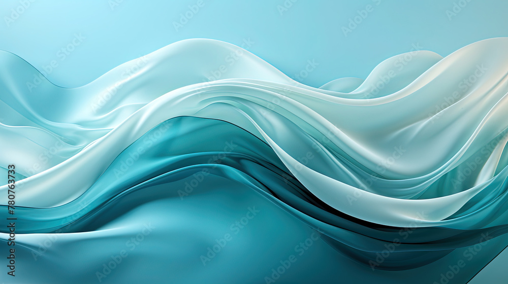 Fototapeta premium A Single Abstract Art White Silky Fabric Floating Like Scribble Wavy Lines on a Aqua Color Background